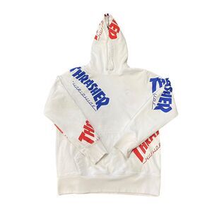 Thrasher Magazine x HUF Hoodie Mens Lrg White AOP Skateboard Pullover Sweatshirt